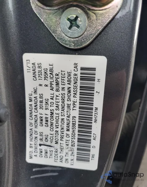 2013 Honda Civic Lx from USA, damaged, VIN 2HGFB2F55DH598379